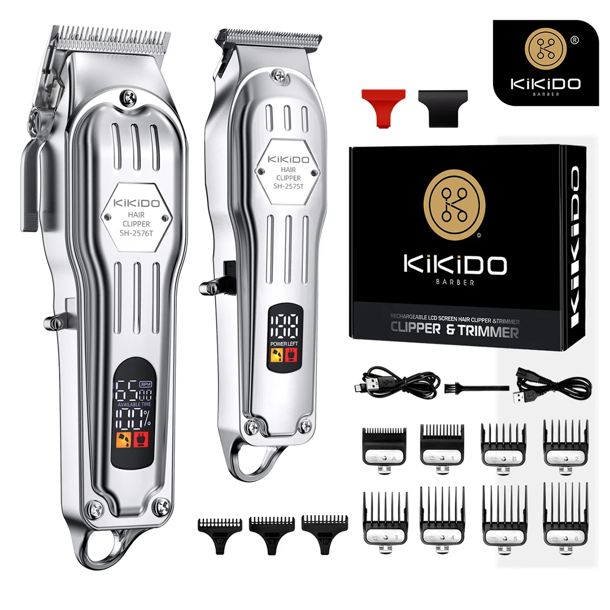 KIKIDO 2-in-1 Adjustable Cordless Hair Cutting Machine Full Metal Combo Kit Barber Hair Clipper Beard Shaver Kit for Men Gift