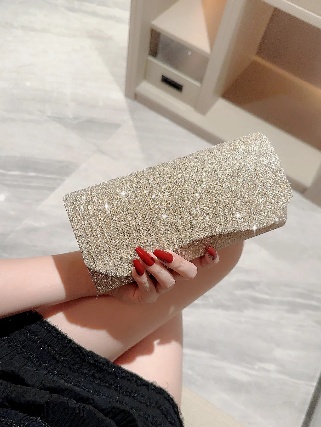 Women's Pleated Satin Flap Evening Bag Sparkling Rhinestone Embellished Clutch Dress Bag Party Bag Prom Bag Wedding Bag Evening