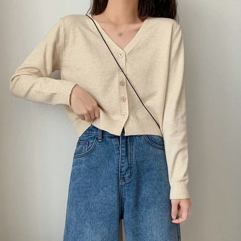 Women\'s Knit Cardigan Short Style V-neck Long Sleeve Thin Jacket Summer Sun-Proof Shirt All-Match Solid Color Casual Outfits