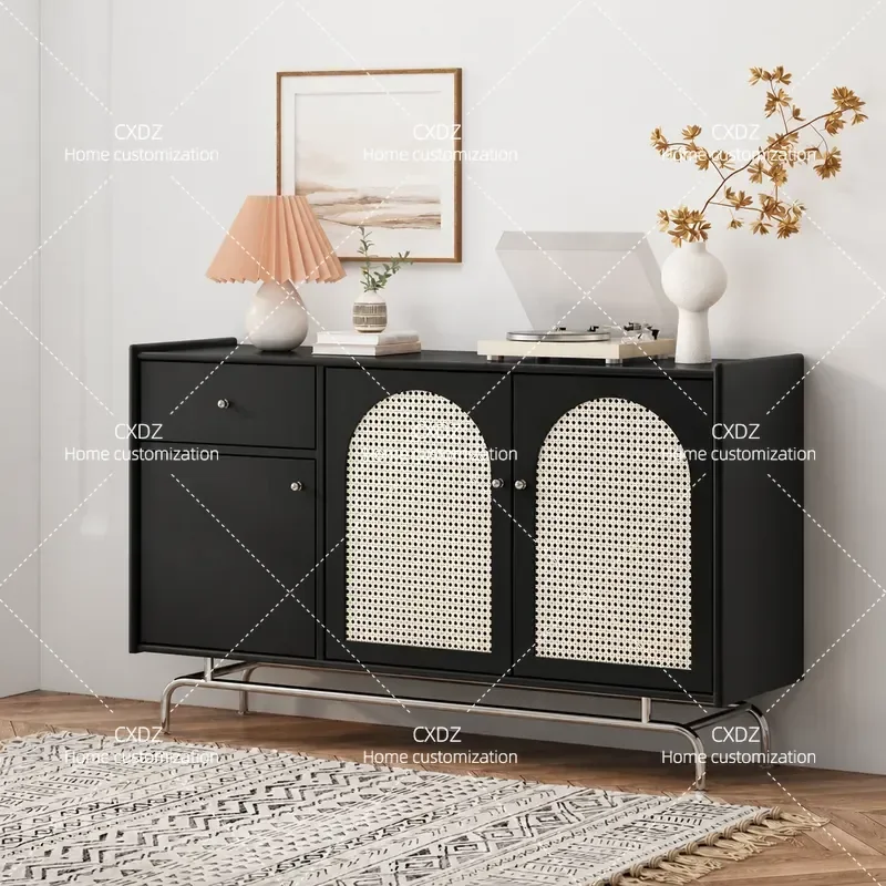 Nordic Rattan Dining Side Cabinet Solid Wood Living Room Porch Storage Unit Wine Tea Display Shelf Household Locker Furniture