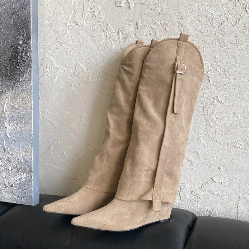 

Aneikeh модные женские сапоги до колена на высоком каблуке с ремешком и пряжкой на танкетке, вечерние модельные женские туфли в стиле панк с острым носком