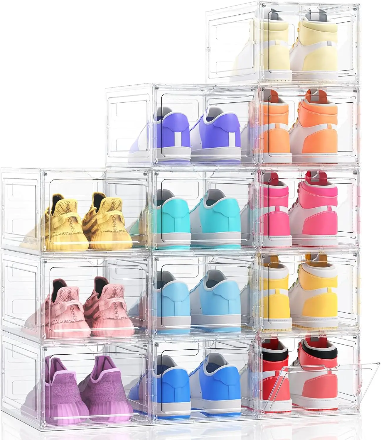 

Толстые прозрачные пластиковые складные коробки для обуви — 12 шт. в упаковке с магнитной дверью, штабелируемые хранилище для кроссовок и аксессуаров