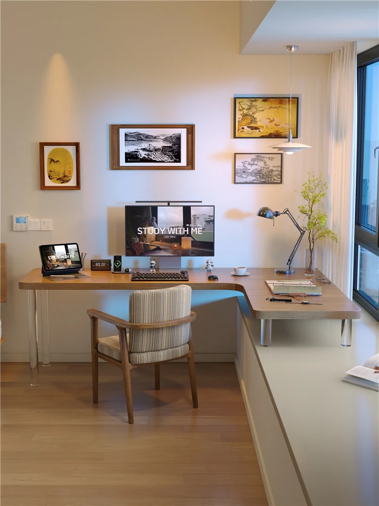 

Bedroom bay window acrylic corner desk solid wood L-shaped high and low leg computer desk home corner office study desk