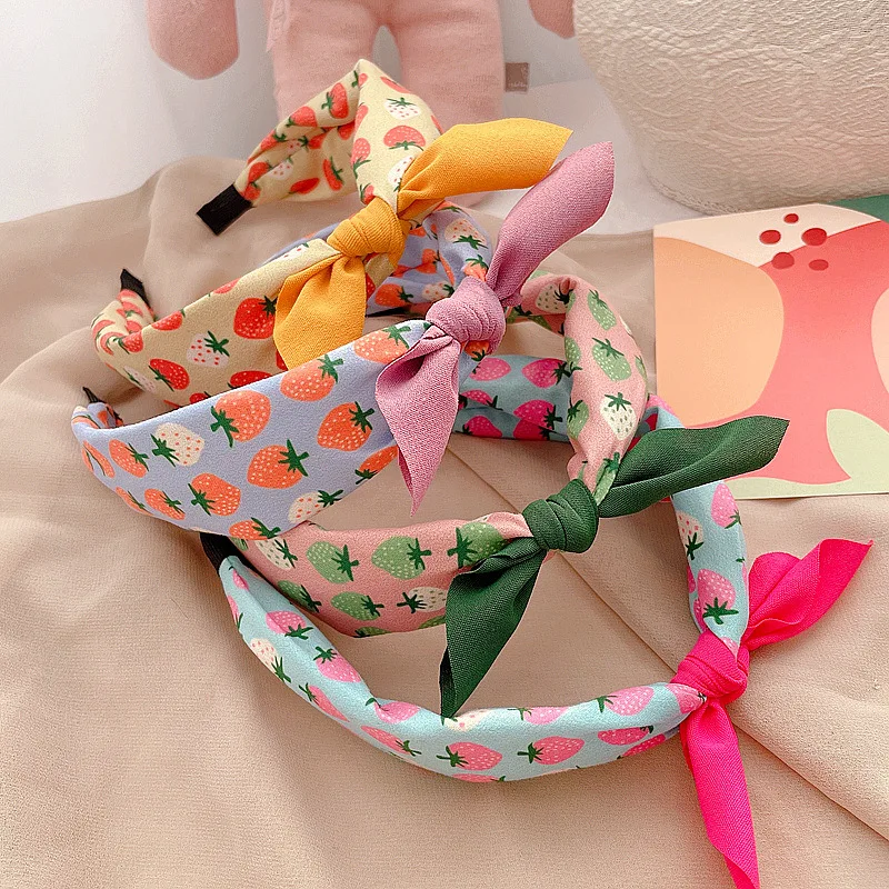 AISHG Fruit Print Hairband for Women Strawberry Knot Bow Headband Korean Sweet Fabric Hoop Hair Band Girls Hair Accessories