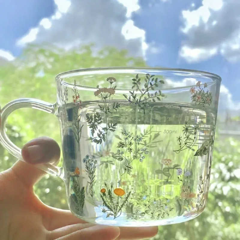 1 Piece Transparent Glass Mug with Flower Printings Heat Resistant Coffee Juice Water Office Large Capacity Cup Drinkware