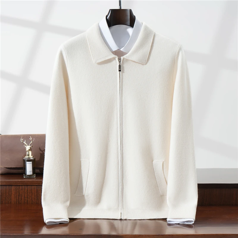 100% Pure Wool Zipper Cardigan Men's Turn-Down Collar Knitted Jacket with Pockets Loose Thickened Warm Sweater Jacket