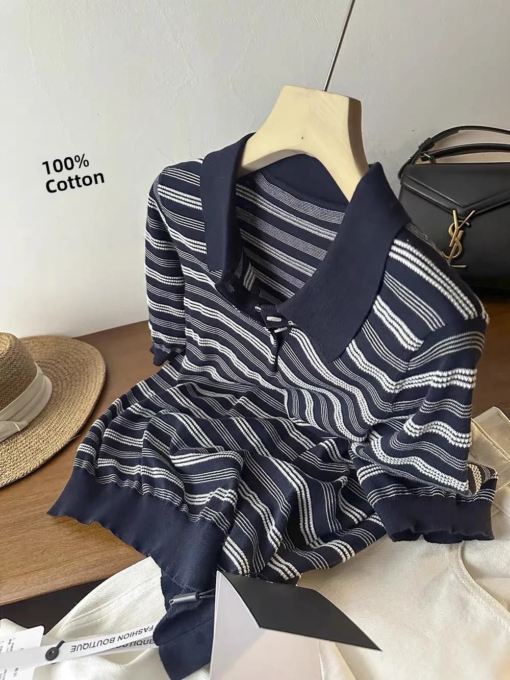 

Fashionable Neck Striped Short Sleeve Knitted T-Shirt Women's Summer Commute Style Straight Cut Single Button Multiple C...