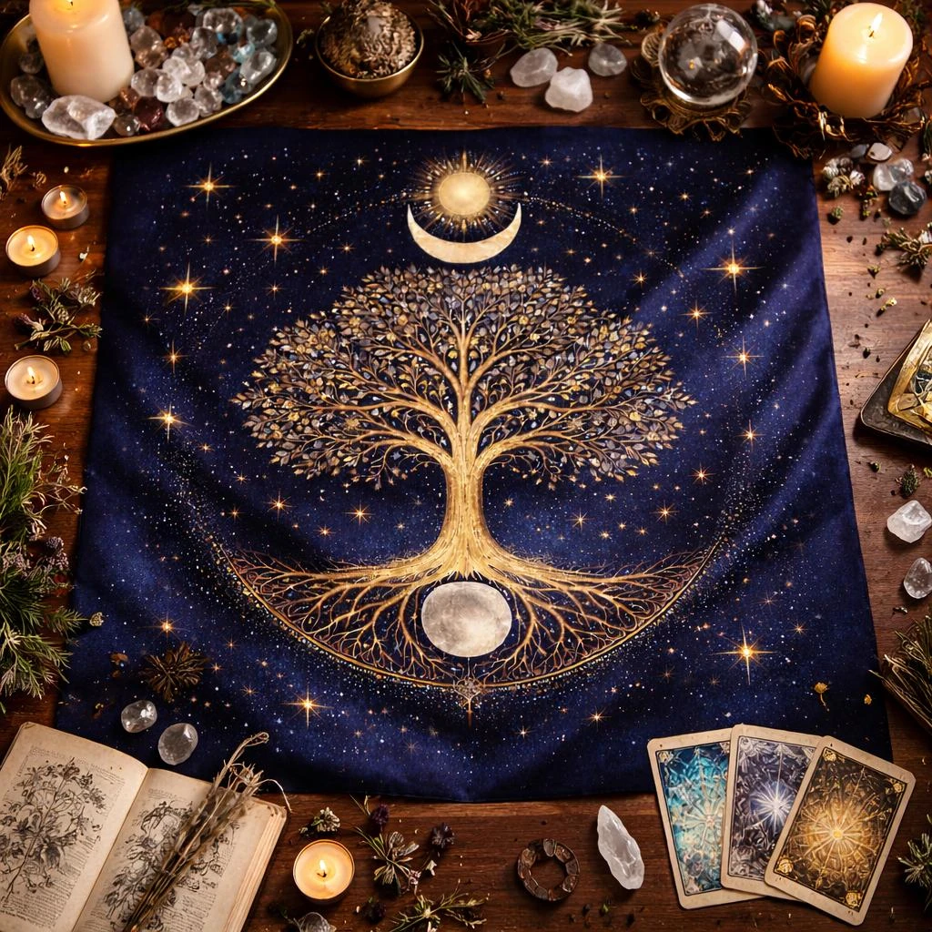 50/75/110/137cm Tree of Life Sun Moon Tarot Altar Cloth Celestial Divination Mat Boho Spiritual Tablecloth Flat Print Tarot Mat