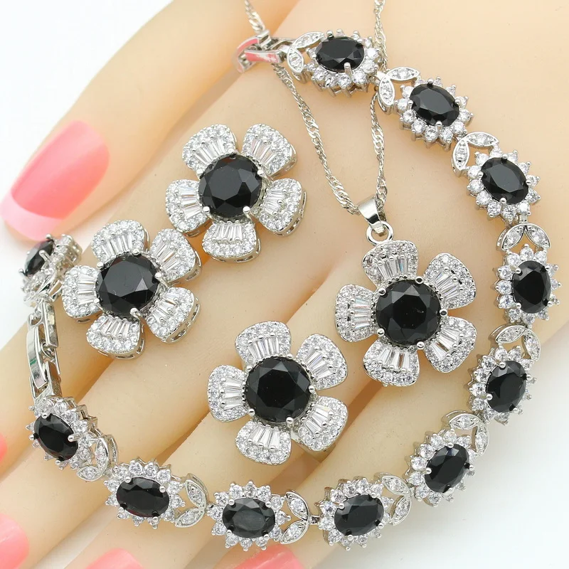 Black Zircon Silver Color Wedding Jewelry Sets For Women Party Bracelet Earrings Necklace Pendant Ring Valentine\'s Day gift