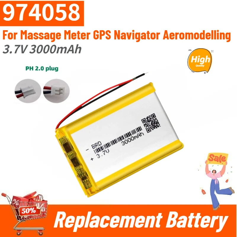 High Quality 974058 PH 2.0 plug Battery 3.7V 3000mAh for Massage Meter GPS Navigator Aeromodelling Brand New Replacement Battery