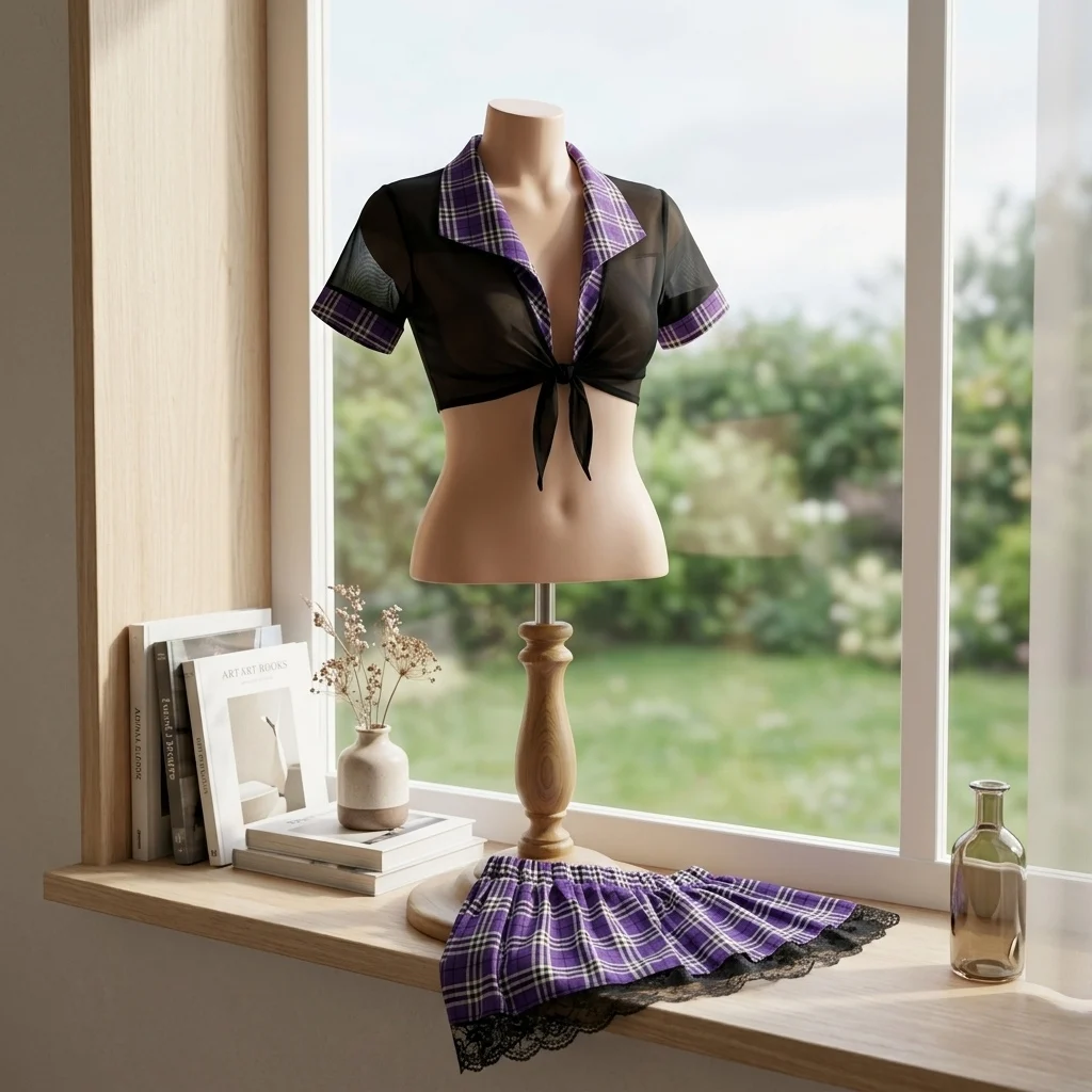 Schoolgirl Costume Lingerie Set for Women Blue Plaid Pleated Mini Skirt with Lace Trim and Tie Front Crop Top Roleplay Outfit