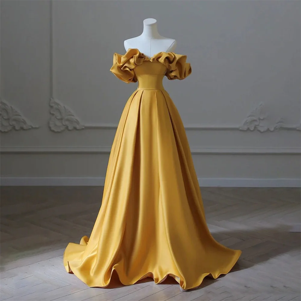 Lily Yellow Stain Charming Prom Dress Gown Ruched Off the Shoulder Formal Gown A Line Custom Size Evening Gown vestidos de noche