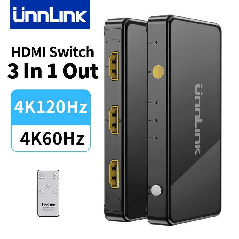 Unnlink HDMI Splitter 3 In 1 Out 4K 120Hz 4K60Hz HDMI Switch 3x1 with Remoter for PS5/4 Xbox Laptop to TV Monitor Projector