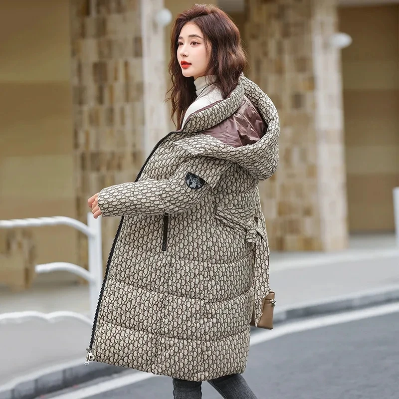 Winter Jacket Detachable Hat Printed Down Cotton Coat 2023 New Paraks Thicken Warm Long Padded Coat Womens Cothing Outerwear