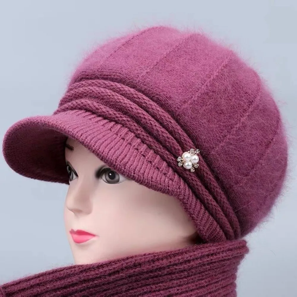 Thick Liner Knitted Cap Rabbit Fuzz Fabric Short Brim Design Winter Brimmed Hat Pearl Brooch Decor Multi Color