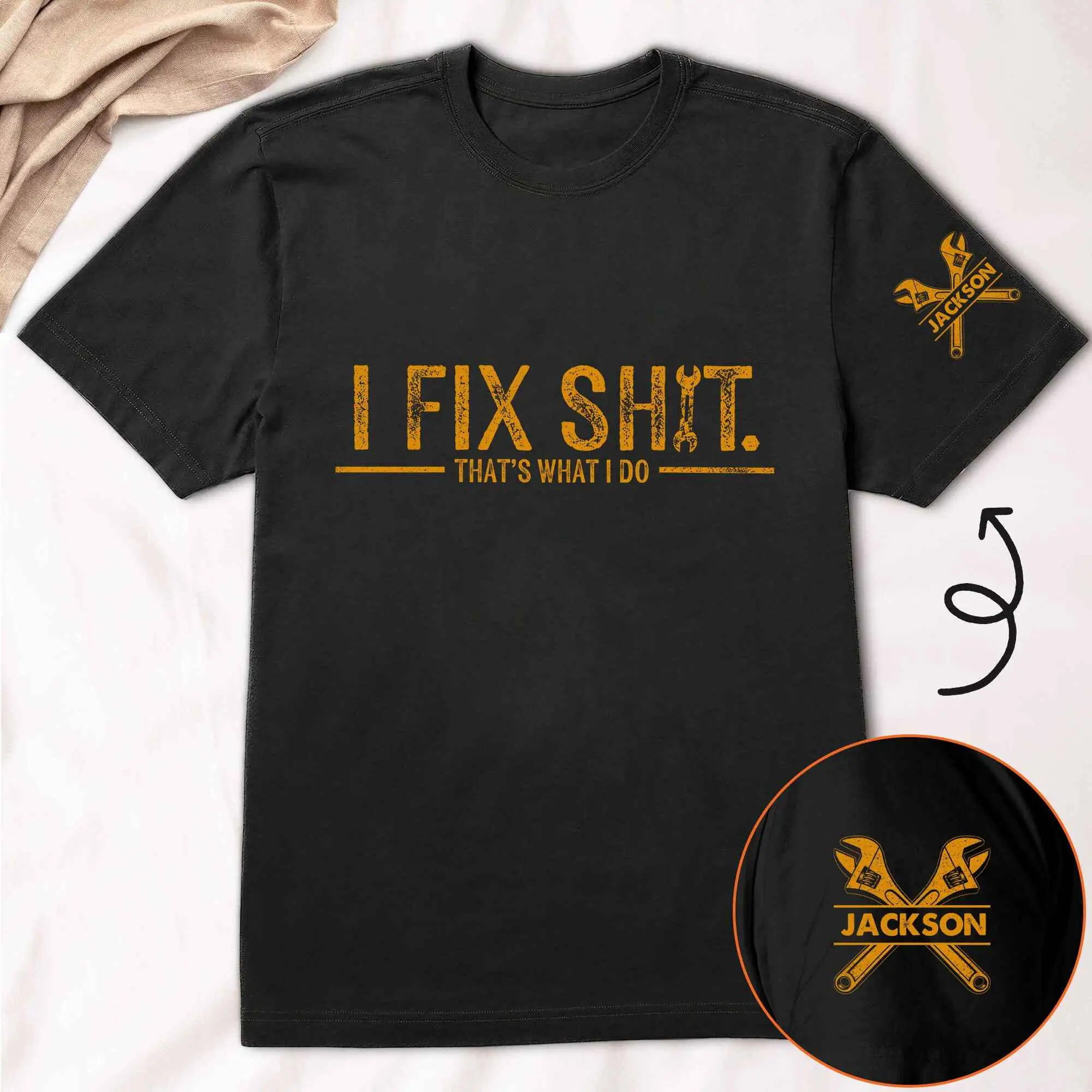 Personalized I Fix That's What I Do Shirt with Sleeve Print, Husband Mechanic Handyman T-Shirt, Men Garage Dad Shirt