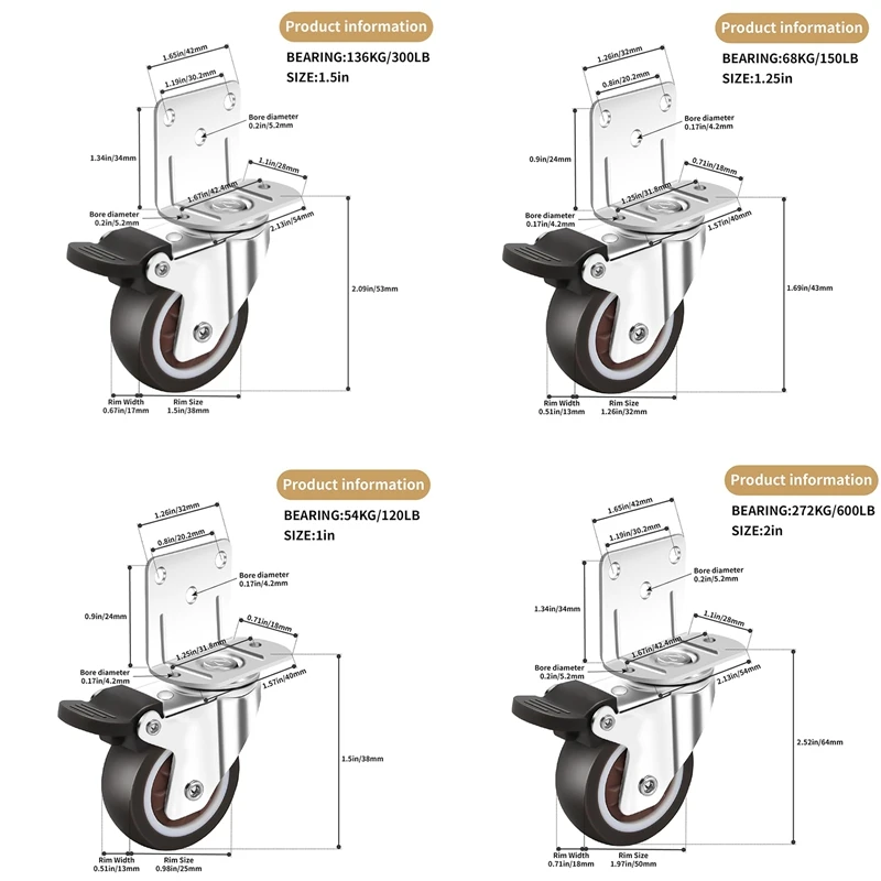 

2025 New Side Mount Casters,Casters Set Of 4 With Brake,L-Shape Plate Small Wheels For Furniture,Cabinet Casters