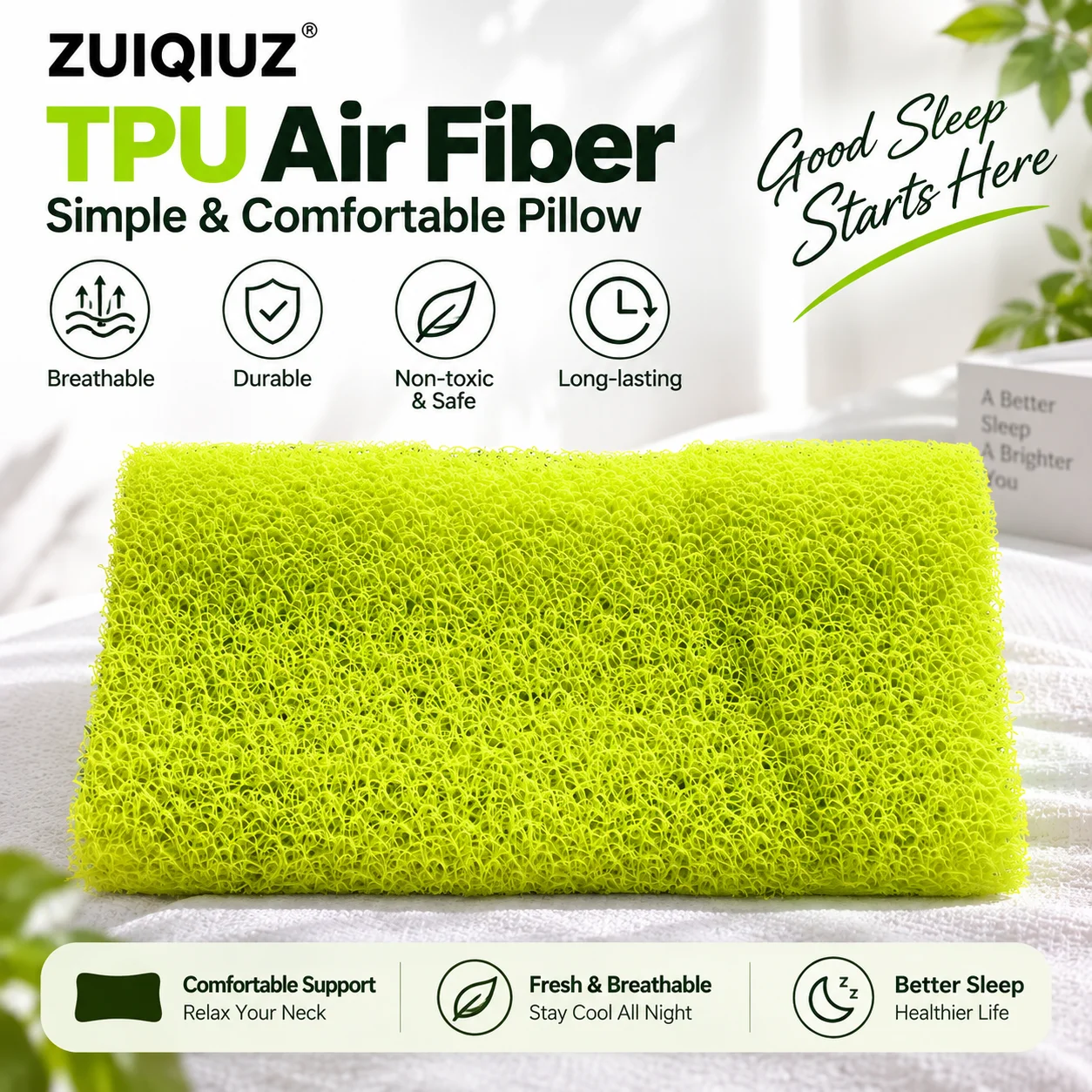 TPU Air Fiber Pillow Core Breathable Easy to Clean Quick Dry Soft Supportive 52x30x8.5cm for Home Bedroom Sleeping