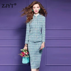 ZJYT Elegant Sequined Tweed Woolen Blazer Suit Jacket Skirt 2 Piece Matching Set for Women Autumn Winter 2024 Party Outfit XXXL