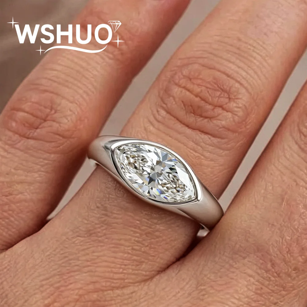 2CT Gra Certified Bezel Set East West Marquise Cut Moissanite Engagement Rings S925 Silver Solitaire Lab Diamond Chunky Ring