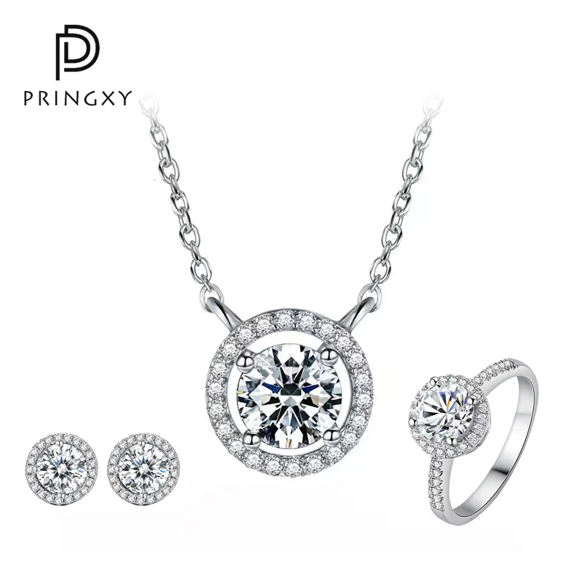 

PRINGXY 2CT s925 Sterling Silver Round High Carbon Diamond Ring Fine Jewelry Sets Engagement Necklace Wedding Earrings For Women