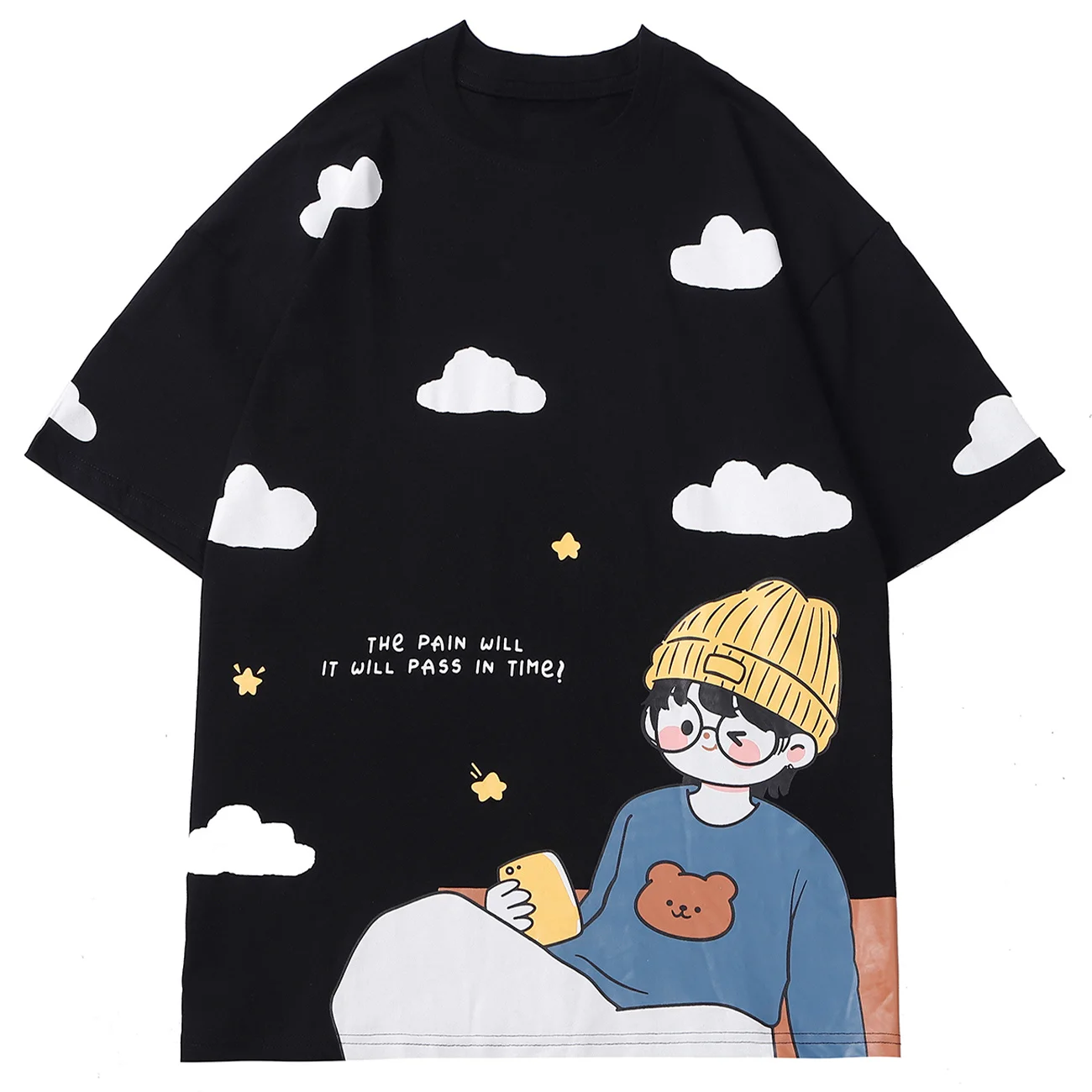 Summer 2022 Casual Sleeve Shirt Hip Hop Loose Streetwear Short Retro Cotton Harajuku Cloud Boy Print Tshirt