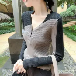 Autumn Winter Women Contrast Color Elegant Basic Knitwear Sexy V Neck with Button Knitted Sweater Long Sleeve Slim Pullover Tops