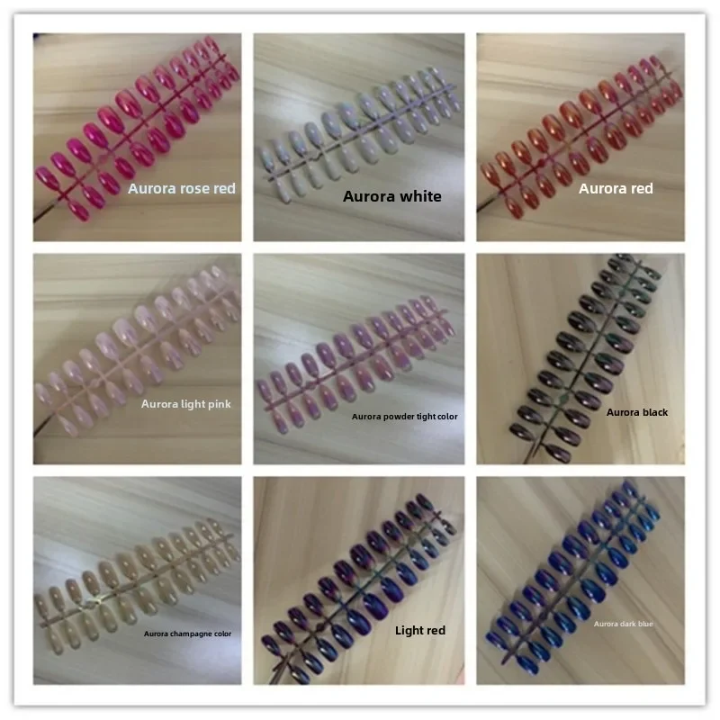 24Pcs/Strip Medium-length Fake Nail Acrylic Wear False Nails Art Aurora Variegated Color Press on Nail Tips Removable Nail Patch