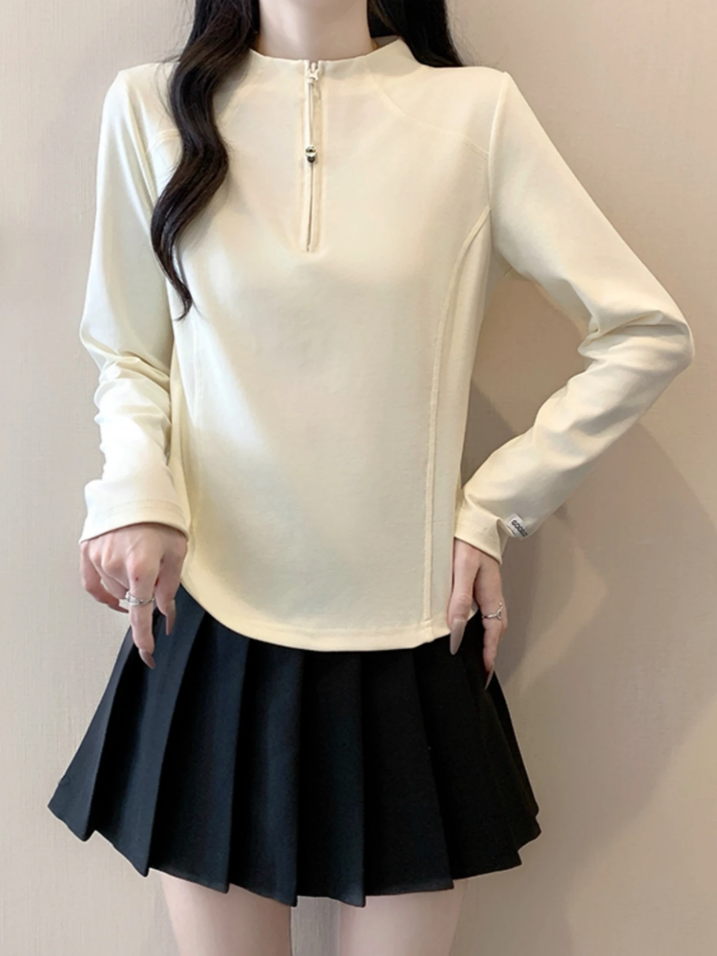 Slimming Effect Half Zipper Stand Collar Long Sleeve Base Tee Women's Style Spring Autumn plus Size European Fashion Trend Top