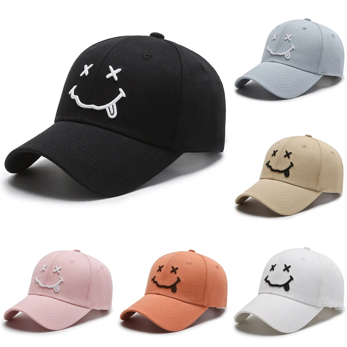 Smile Face Embroidery Baseball Caps Women Kpop Black Cotton Adjustable Snapback Funny Hip Hop Cap Autumn Sun Dad Hats for Mens