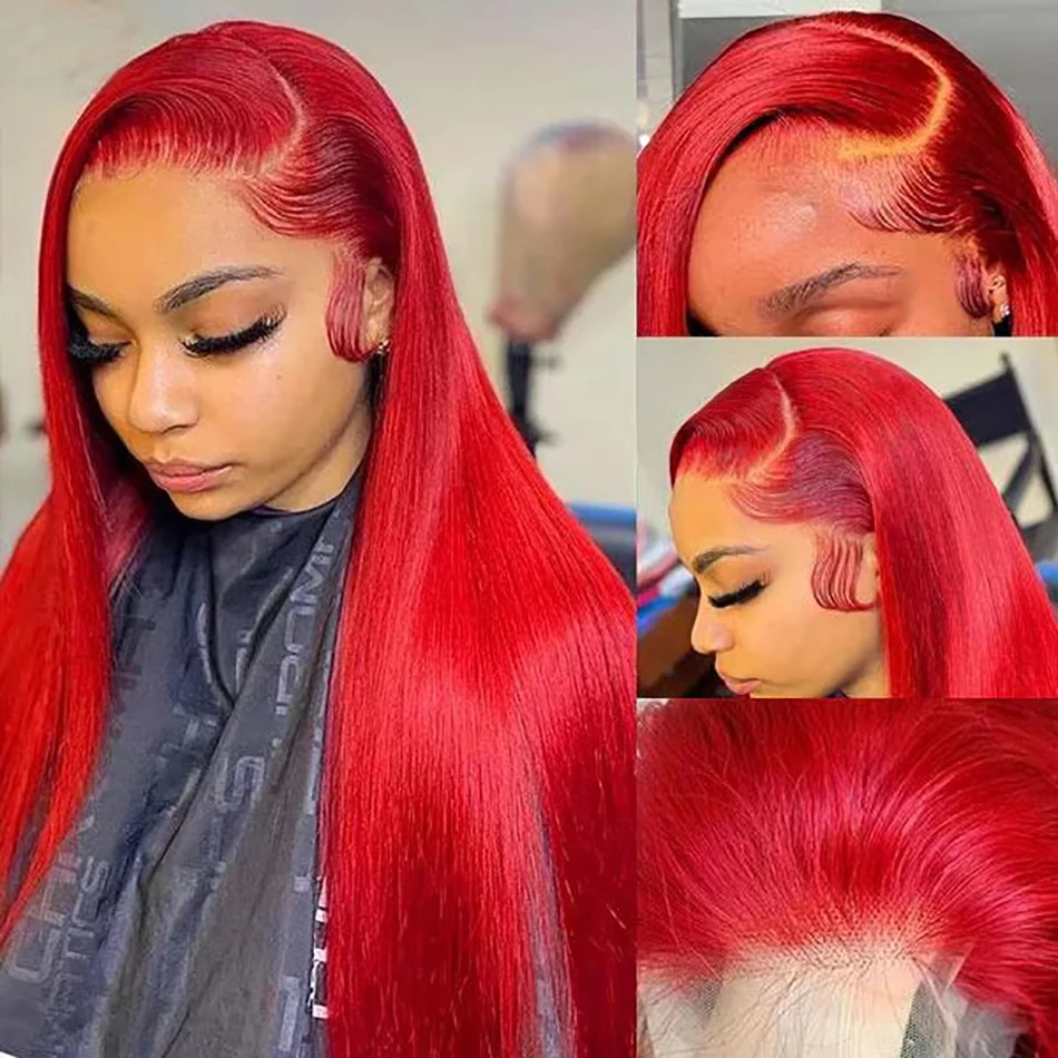 13x6 Lace Frontal Wig Hot Red Straight 38 40 Inch 13x6 Lace Front Colored Human Hair Wigs Pre plucked Red HD Transparent Lace Frontal Wig  Long Bugundy Human Hair Wigs