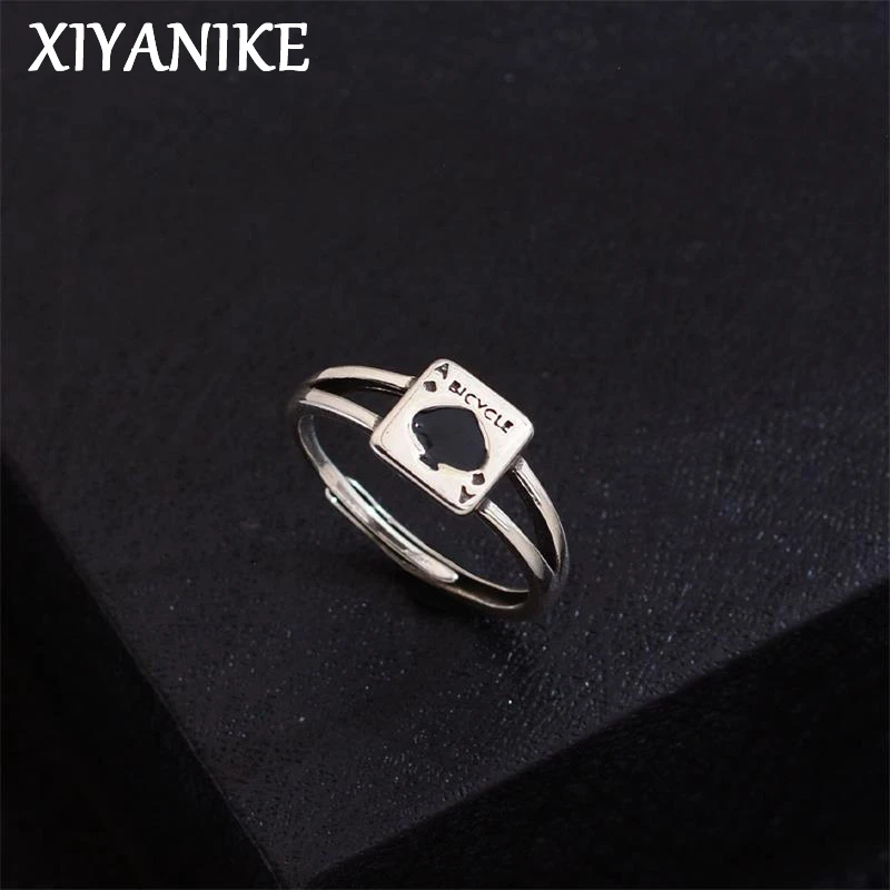 XIYANIKE Vintage Gothic Heart Playing Card Spades Open Finger Rings For Women Fashion New Year Jewelry Valentine Day Gift Party