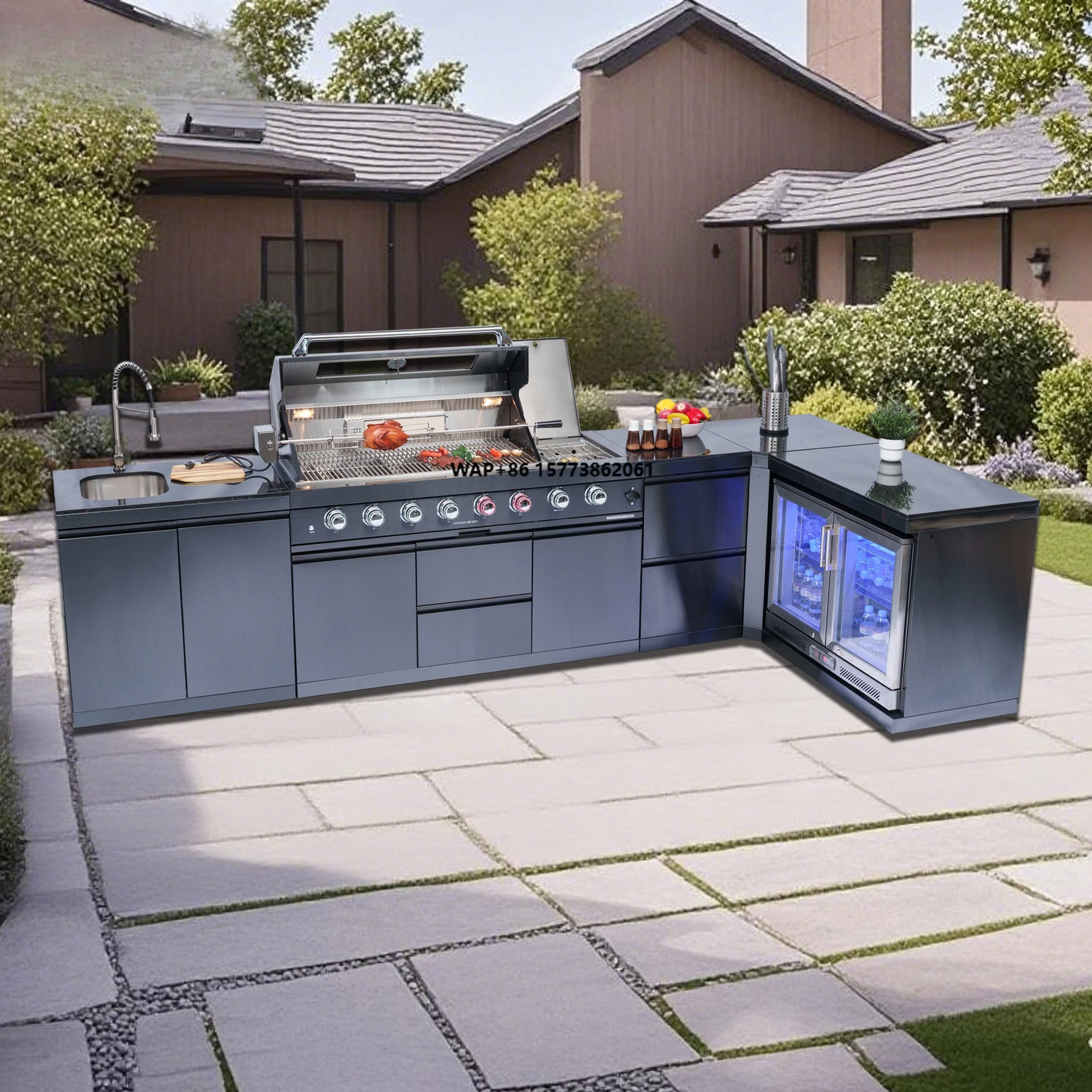 Luxury Complete Garden Stainless Steel BBQ L Shape Outdoor Kitchen Set Island Module With Fridge Sinks
