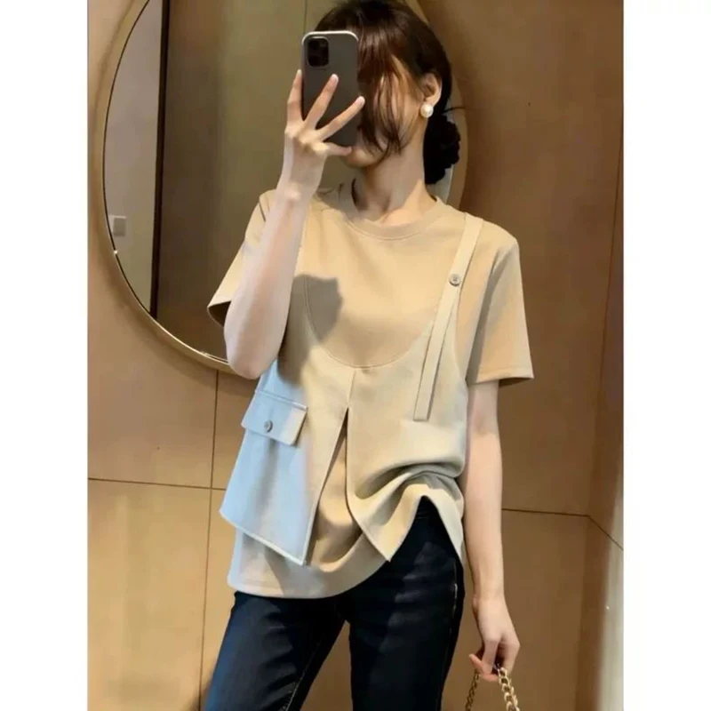 Women Fake Two Piece Short Sleeve T Shirt 2026 Summer Positive Shoulder Slim Fit Plus Size Belly Cover Daily Casual Blouse