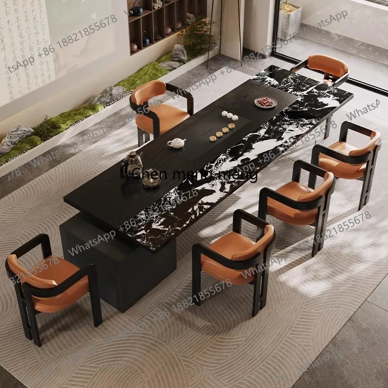 

Modern visual black Italian minimalist rock slab tea tea table and chair combination one table five chairs
