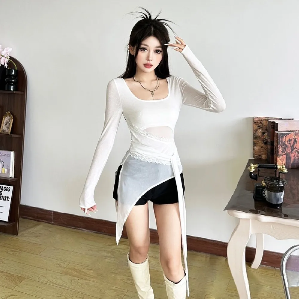 

SylCue Lace Patchwork T-Shirts Woman U Collar Full Sleeve Kink Ribbon Irregular Design Hem High Street Fashion Elegant Clothing