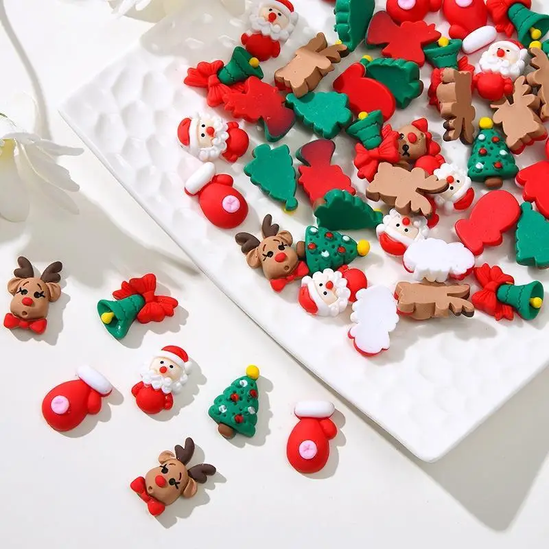20-40PCS  Kawaii Colorful Resin Elk Santa Glove Bell Flatback Cabochon Mini Cartoon Figurine Scrapbook DIY Christmas Decor Craft