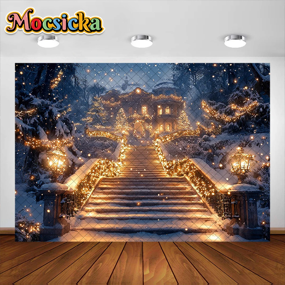 Christmas Photography Background Lights Stairs Snow Holiday Decoration Princess Xmas Photo Portrait Backdrops Studio Props