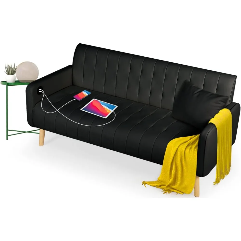 

Mid-Century Modern Striped PU Leather Loveseat Sofa w/ 2 USB Charging Ports, Love Seats Couches w/Pillow for Small Space