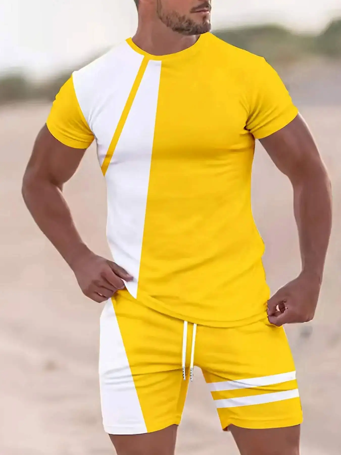 

Men's Summer Sports Soccer Set Color Block Sweet Wicking Breatbale T-shirt Mid-Length Drawstring Shorts With Pocket Outfit