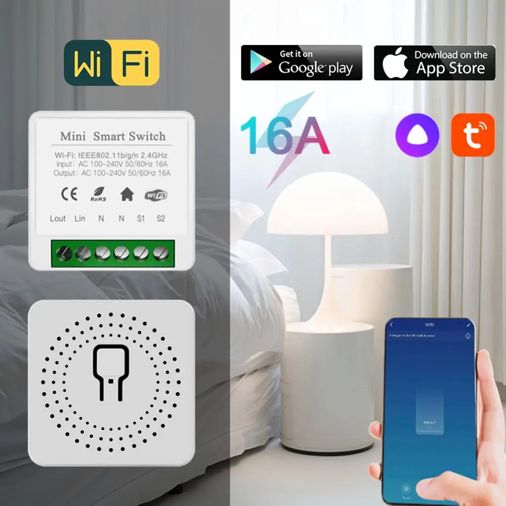 16A Wifi MINI Smart Switch 2-way Control Module Breaker APP Remote Control Timer Works With Alexa Home