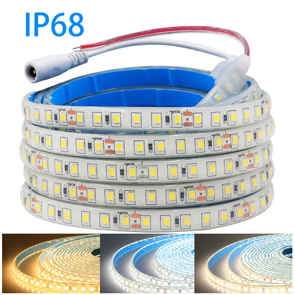 12V 24V IP68 Waterproof LED Strip Light Adhesive Tape with 2-pin Wire/ DC Plug 2835 120 LEDs Flex Cold Warm Natural White Decor