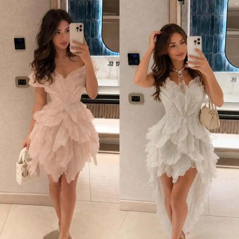 Charming Off Shoulder High Low Homecoming Dress Glitter Leaf‑Shaped Ruffles A‑Line Mini Evening Party Gown For Women Customized