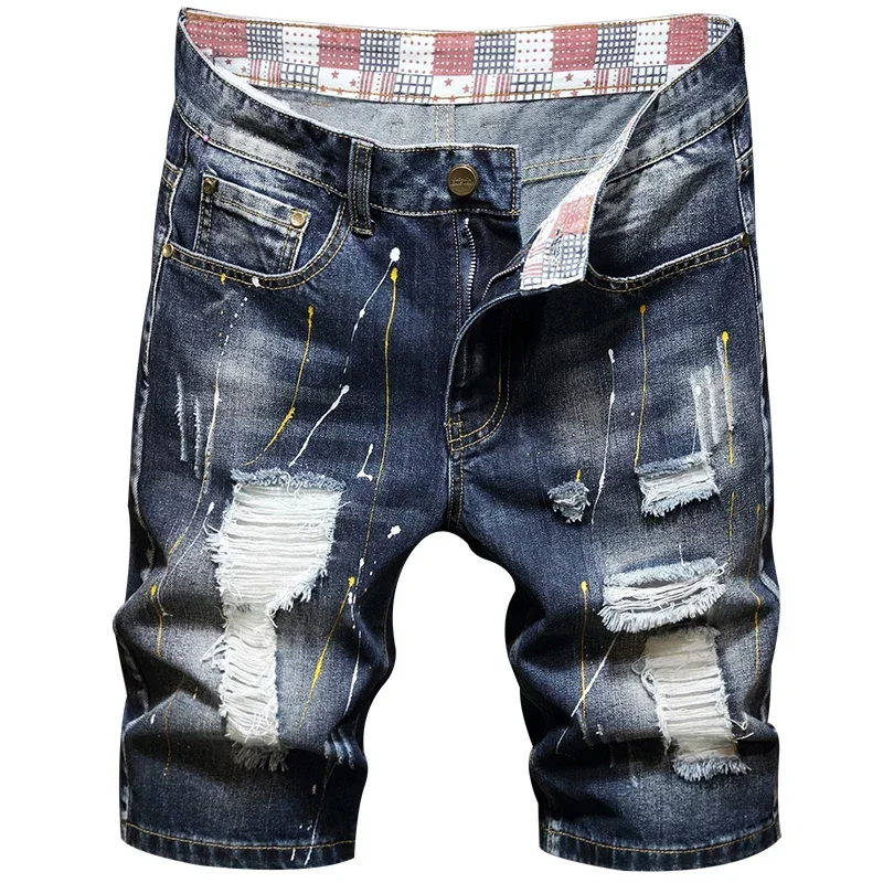 Summer Men\'s Jeans Trend Beggar Quarter Pants Ripped Denim Shorts Loose Straight Painted