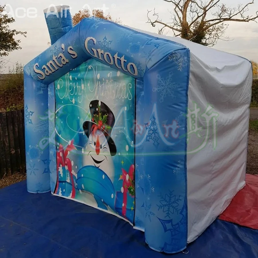 インフレータブルクリスマステント サンタの洞窟 ブルー カスタムクリスマススノーハウス 印刷された雪だるまの暖炉付き ギフト配布用
