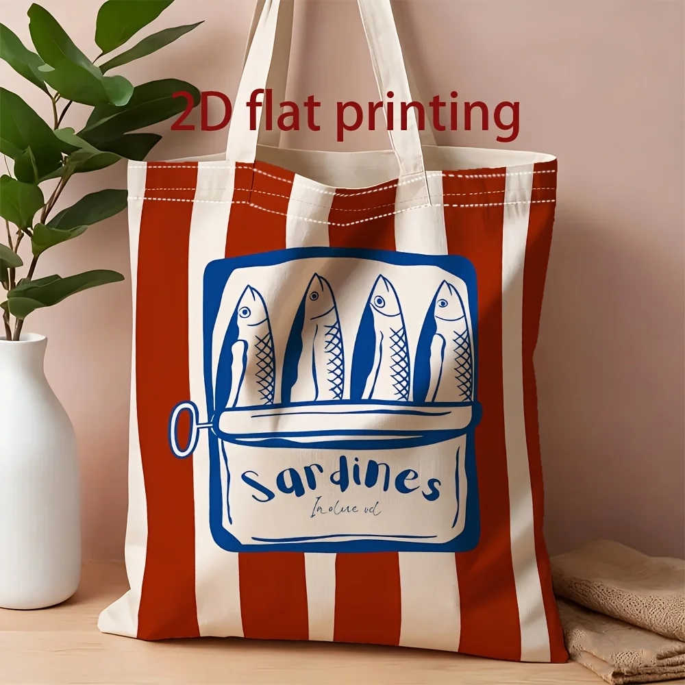

Men's Canvas Tote Bag - Unisex 2D Printed Sardine Can Reusable Canvas Bag, Suitable for Supermarket, School, and Travel, Dual-Us