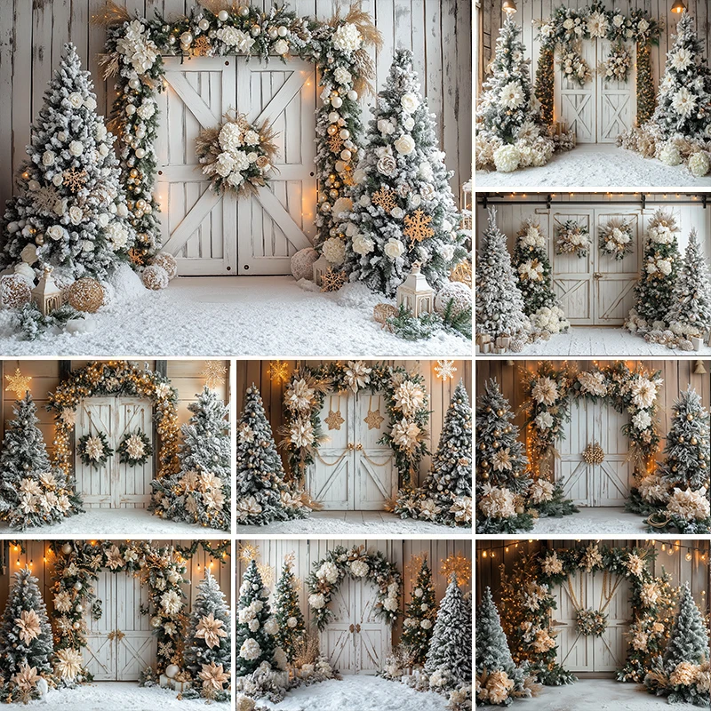 

LS Photography Background Winter Snow Christmas Tree Farm Wreath Door Decor Backdrop Family Xmas Holiday Portrait Photo Studio