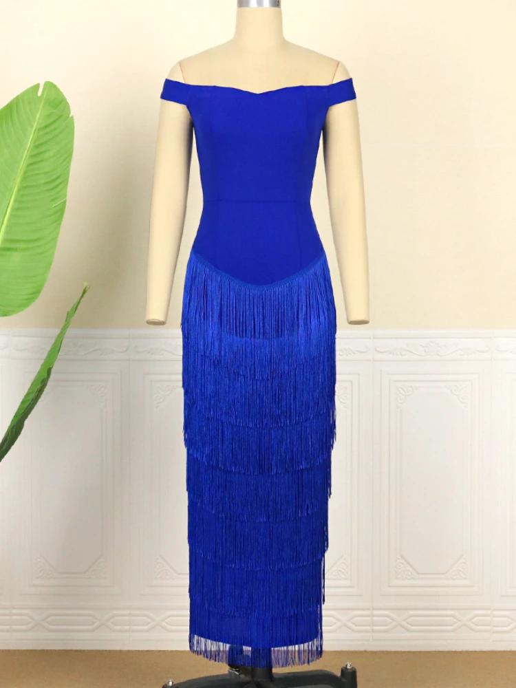 Plus Size Blue Fringe Dress Women Tassel Strapless Sexy Off Shoulder Sleevless Elegant Bodycon Long Birthday Party Outfits 2024