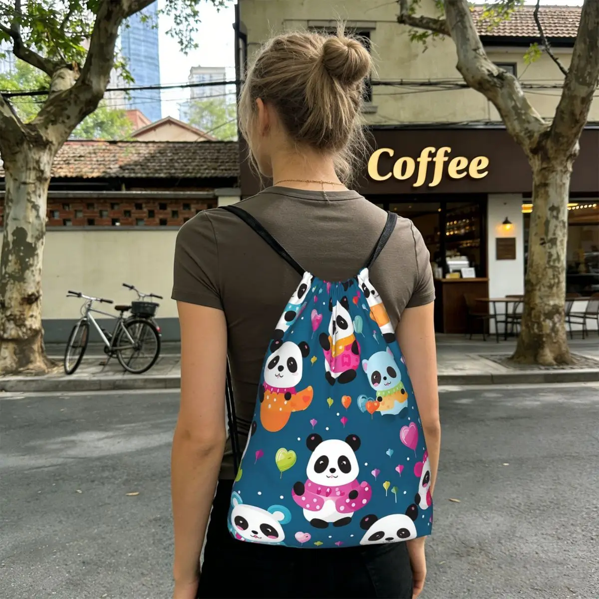 Cute Panda Wear Skirt Backpacks Casual Drawstring Bundle Pocket Storage Bag Book Bags for Travel School