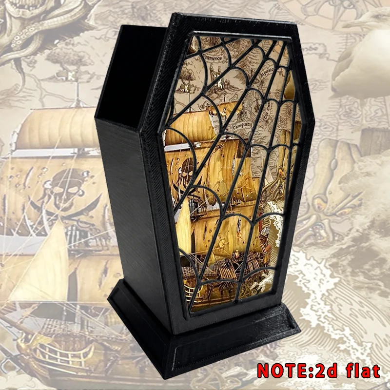 Vintage Pirate Ship Treasure Map Pen Holder 2D Flat Coffin Shape Desk Organizer Spider Home Office Desktop Storage Decor Gift